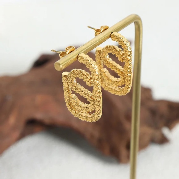18K Gold Plated Hoop Earrings*Letter S Earrings*Rectangular Earrings*Unique Hoop - Picture 5 of 7